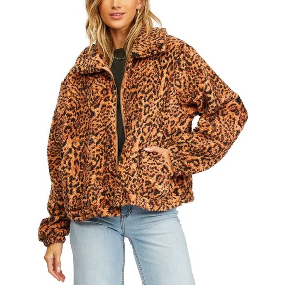 Billabong Always Cozy 2 Sherpa Fleece Leopard Animal Print Jacket Size XS - Picture 1 of 7